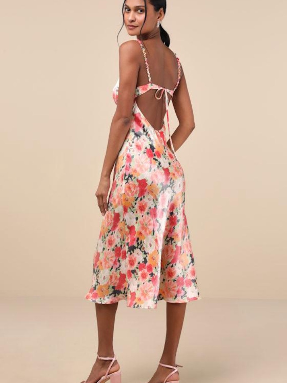 Lulu's Pink & Coral Floral Open-Back Midi Dress